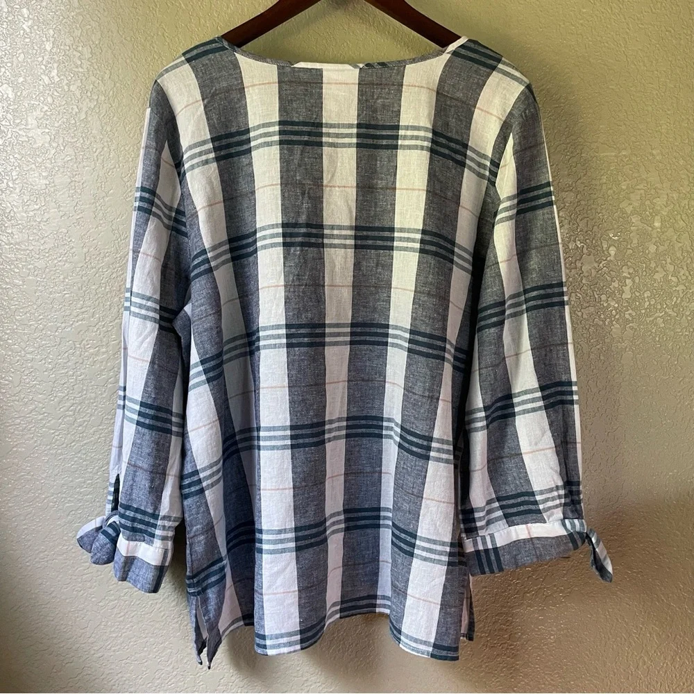 Liz Claiborne Womens XXL 2XL Linen Blend Blue Plaid Tunic 3/4 Tie Sleeve Blouse - Picture 7 of 10
